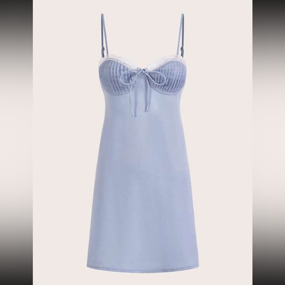 SHEIN Dresses & Skirts - Baby Blue Satin Coquette Slip Dress Lace Detail